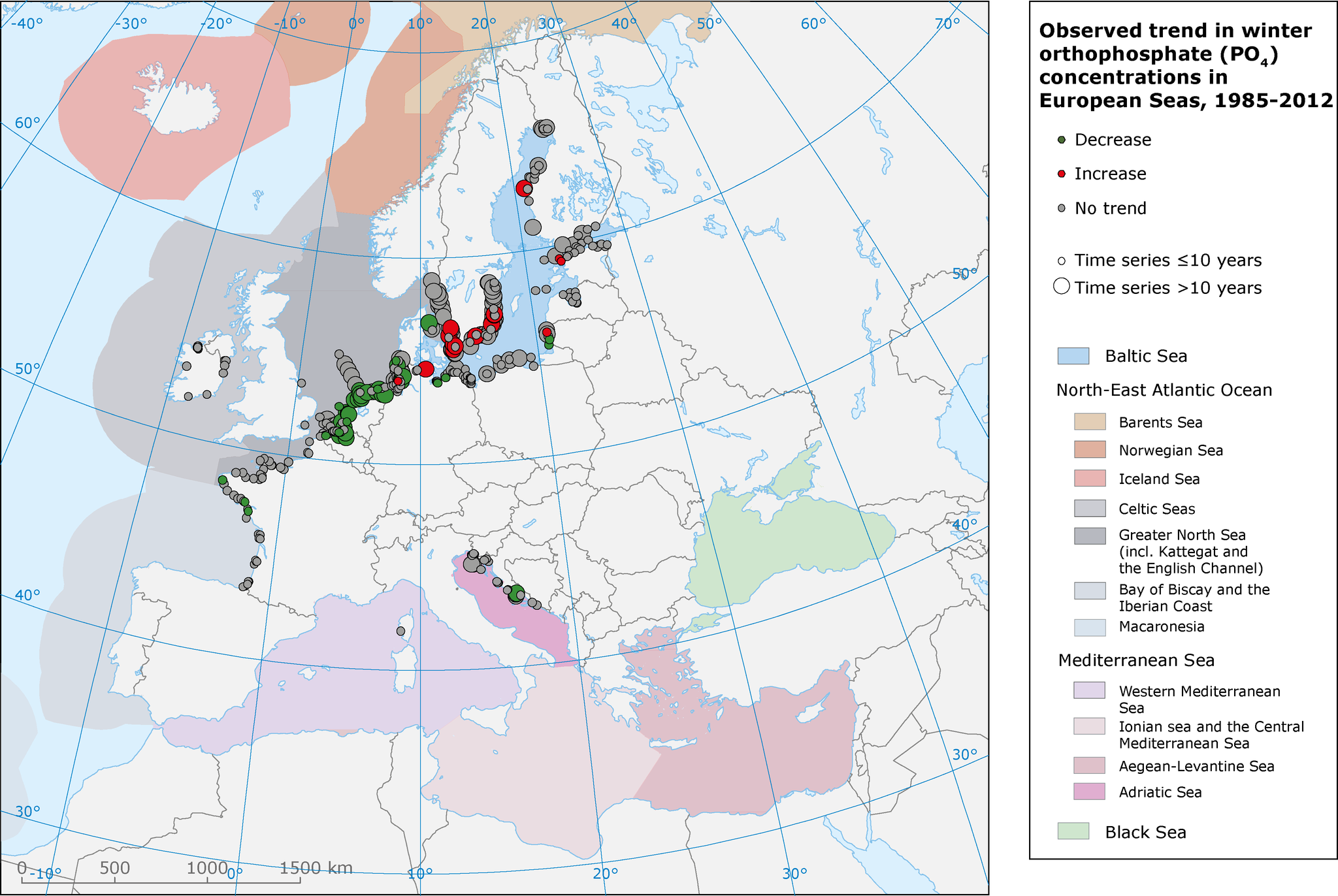 Trends per station in orthophosphate concentrations in European seas